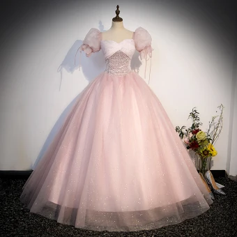 Charmant Rougissant Rose Perlage Paillettes Robe De Bal 2023 Robe Boule Encolure Carrée Manches Courtes Dos Nu Longue Promo Robe De Ceremonie