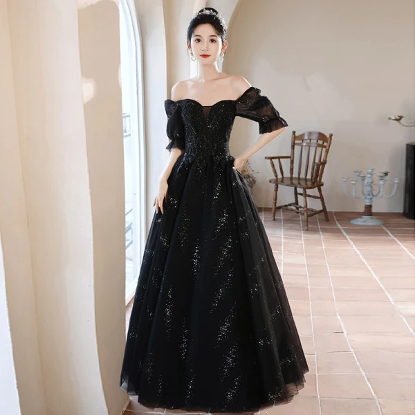 Chic / Beautiful Grey Beading Prom Dresses 2024 Ball Gown Square Neckline Short Sleeve Backless Floor-Length / Long Prom Formal Dresses