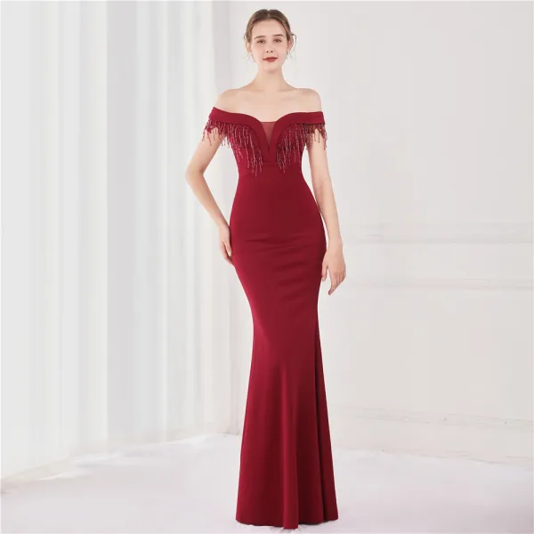 Sexy Black Satin Evening Dresses 2022 Trumpet / Mermaid Off-The-Shoulder Beading Tassel Sleeveless Backless Floor-Length / Long Evening Party Formal Dresses