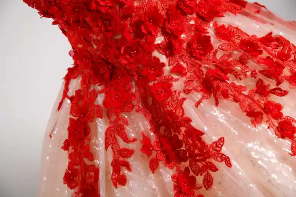 Chic / Beautiful Champagne Beading Lace Flower Appliques Prom Dresses 2024 Ball Gown Strapless Sleeveless Backless Floor-Length / Long Prom Formal Dresses
