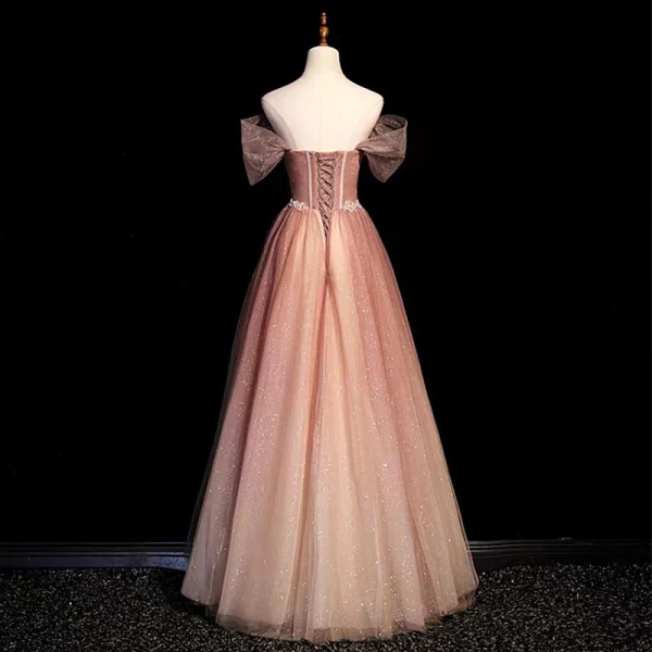 Charmant Pink Farbverlauf Ballkleider 2022 A Linie Off Shoulder Kurze Ärmel Rückenfreies Perlenstickerei Perle Pailletten Lange Festliche Kleider