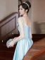Fashion Sky Blue Satin Homecoming Graduation Dresses 2022 A-Line / Princess Pearl Bow Spaghetti Straps Sleeveless Backless Floor-Length / Long Formal Dresses
