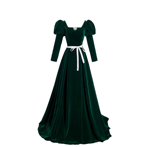 Elegant Suede Dark Green Prom Dresses 2023 A-Line / Princess Square Neckline 3/4 Sleeve Backless Bow Sash Floor-Length / Long Prom Formal Dresses