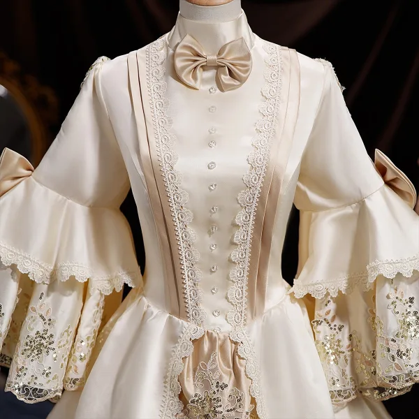Medieval Vintage / Retro Champagne Lace Flower Sequins Bow Prom Dresses 2025 Ball Gown High Neck Bell sleeves Floor-Length / Long Prom Formal Dresses