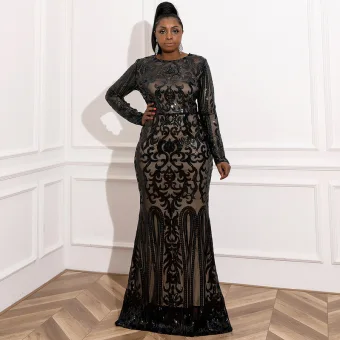 Scintillantes Noire Paillettes Grande Taille Robe De Soirée 2022 Encolure Dégagée Manches Longues Soirée Train De Balayage Robe De Ceremonie