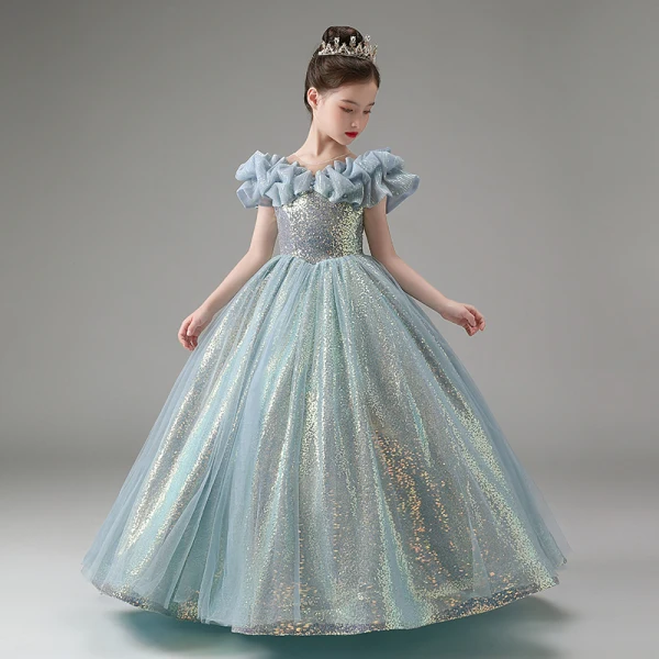 Sparkly Sky Blue Pearl Sequins Birthday Flower Girl Dresses 2023 A-Line / Princess Scoop Neck Short Sleeve Floor-Length / Long Flower Girl Dresses