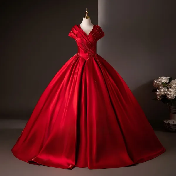 Chic / Beautiful Red Beading Prom Dresses 2025 Ball Gown V-Neck Short Sleeve Backless Floor-Length / Long Formal Dresses