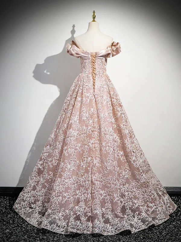 Chic / Beautiful Blushing Pink Flower Sequins Prom Dresses 2025 A-Line / Princess Ruffle Off-The-Shoulder Short Sleeve Backless Floor-Length / Long Prom Formal Dresses