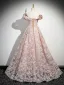 Chic / Beautiful Blushing Pink Flower Sequins Prom Dresses 2025 A-Line / Princess Ruffle Off-The-Shoulder Short Sleeve Backless Floor-Length / Long Prom Formal Dresses