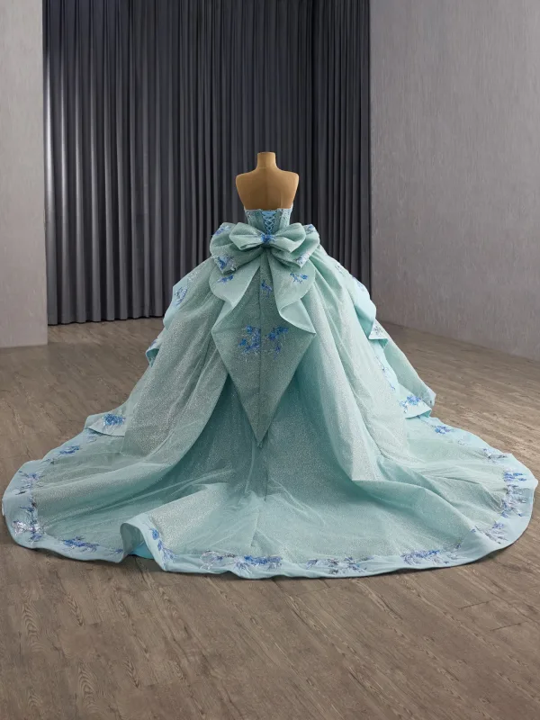 Luxury / Gorgeous Mint Green Handmade  Glitter Sequins Beading Prom Dresses 2025 Ball Gown Strapless Sleeveless Backless Bow Royal Train Formal Dresses