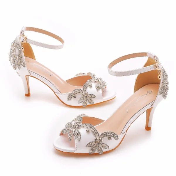 Charmant Weiß Strass Brautschuhe 2023 7 cm Stilettos Peeptoes Hochzeit Sandaletten Hochhackige