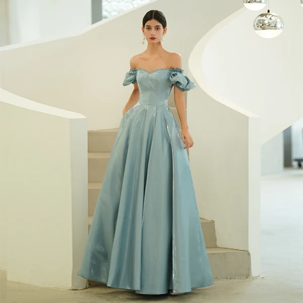 Modest / Simple Sky Blue Prom Dresses 2022 A-Line / Princess Off-The-Shoulder Puffy Short Sleeve Backless Floor-Length / Long Prom Formal Dresses