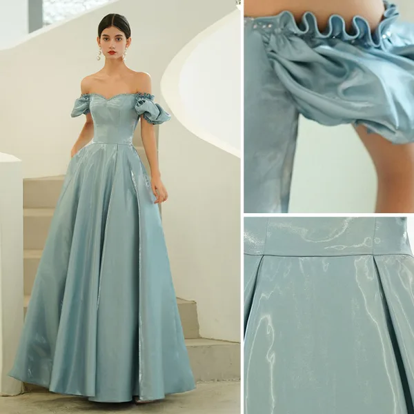 Modest / Simple Sky Blue Prom Dresses 2022 A-Line / Princess Off-The-Shoulder Puffy Short Sleeve Backless Floor-Length / Long Prom Formal Dresses