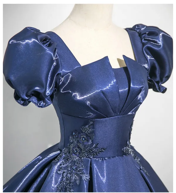 Vintage / Retro Navy Blue Beading Appliques Prom Dresses 2025 Ball Gown Square Neckline Puffy Short Sleeve Backless Floor-Length / Long Prom Formal Dresses