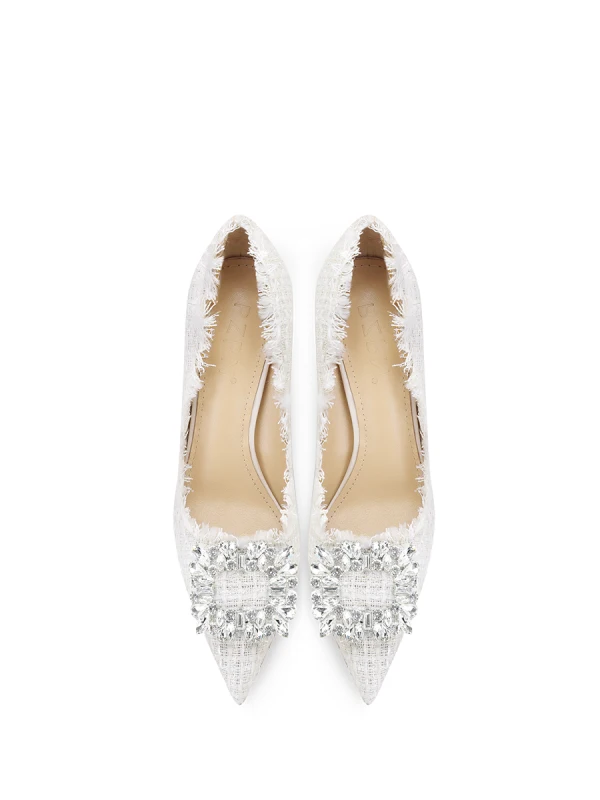 Charmant Blanche Faux Diamant Chaussure De Mariée 2024 Cuir 8 cm Talons Aiguilles À Bout Pointu Mariage Escarpins Talons Hauts