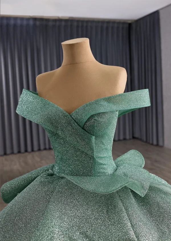 Luxury / Gorgeous Mint Green Cascading Ruffles Sequins Prom Dresses 2025 Ball Gown Off-The-Shoulder Sleeveless Backless Royal Train Formal Dresses