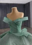 Luxury / Gorgeous Mint Green Cascading Ruffles Sequins Prom Dresses 2025 Ball Gown Off-The-Shoulder Sleeveless Backless Royal Train Formal Dresses