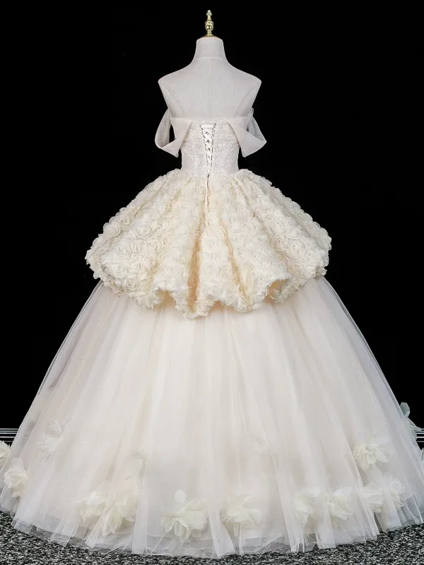 Zauberhaft Champagner Applikationen Spitze Blumen Ballkleider 2026 Ballkleid Off Shoulder Ärmellos Rückenfreies Lange Festliche Kleider