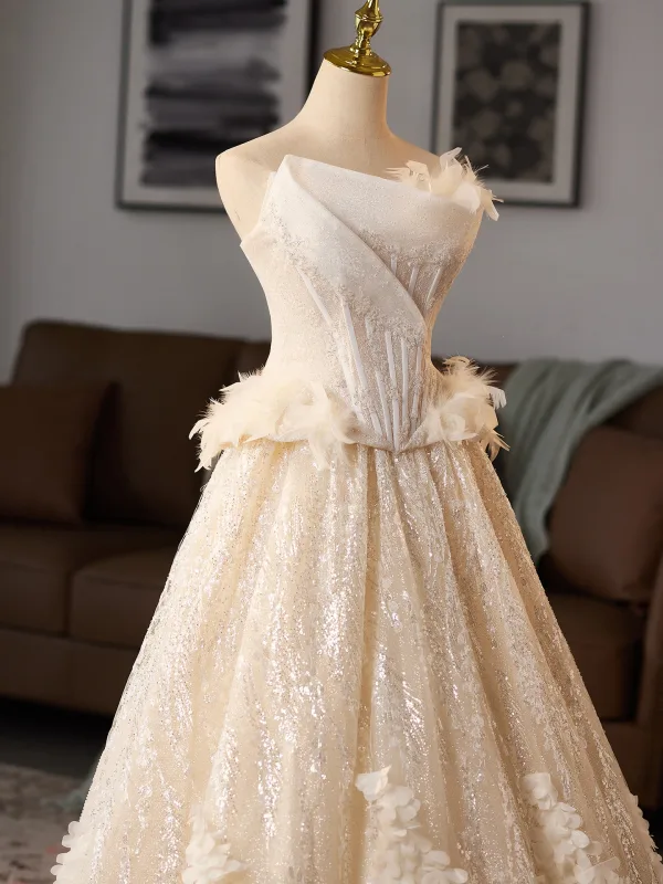 High-end Charming Champagne Glitter Sequins Appliques Prom Dresses 2025 Ball Gown Strapless Sleeveless Backless Floor-Length / Long Formal Dresses