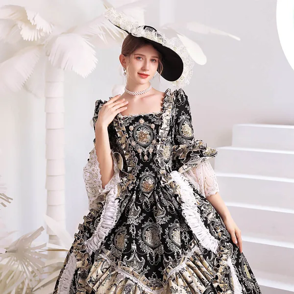 Medieval Vintage / Retro Gothic Black Printing Prom Dresses 2022 Ball Gown Square Neckline Bell sleeves Backless Floor-Length / Long Formal Dresses