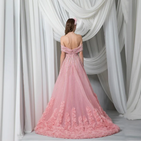 High End Rosa Abendkleider 2022 A Linie Off Shoulder Handgefertigt Perlenstickerei Strass Pailletten Ärmellos Rückenfreies Rüschen Sweep / Pinsel Zug Abend Festliche Kleider
