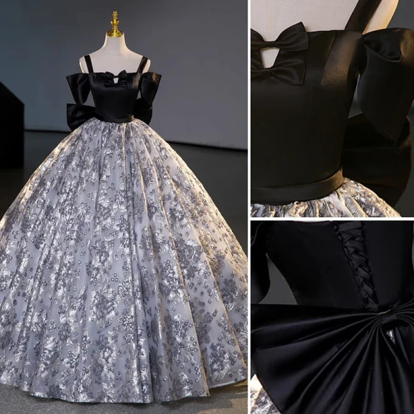 Élégant Noire Robe De Bal 2023 Robe Boule Bretelles Spaghetti Manches Courtes Dos Nu Noeud Longue Promo Robe De Ceremonie