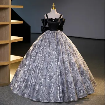Élégant Noire Robe De Bal 2023 Robe Boule Bretelles Spaghetti Manches Courtes Dos Nu Noeud Longue Promo Robe De Ceremonie