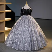 Elegantes Negro Vestidos de gala 2023 Ball Gown Spaghetti Straps Manga Corta Sin Espalda Bowknot Largos Gala Vestidos Formales