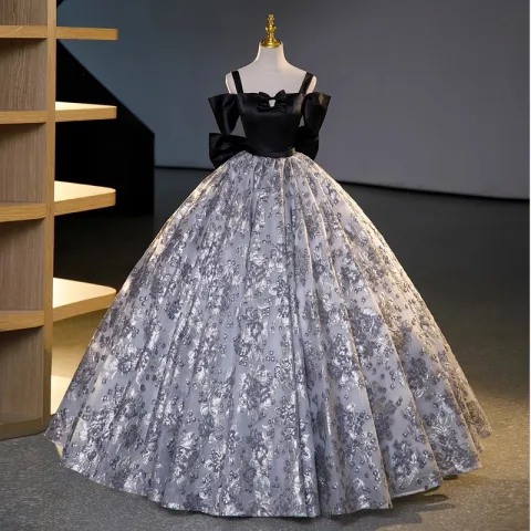 Elegantes Negro Vestidos de gala 2023 Ball Gown Spaghetti Straps Manga Corta Sin Espalda Bowknot Largos Gala Vestidos Formales