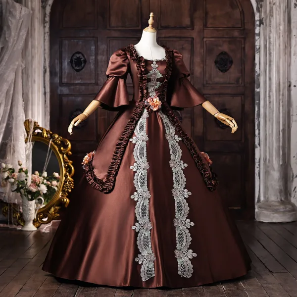 Vintage / Retro Medieval Coffee Appliques Lace Flower Ruffle Prom Dresses 2026 Ball Gown Square Neckline Short Sleeve Backless Floor-Length / Long Formal Dresses