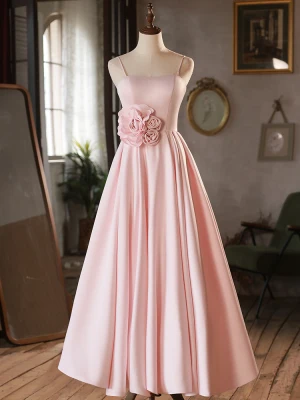 Simple Rougissant Rose Appliques Robe De Bal 2024 Princesse Bretelles Spaghetti Sans Manches Dos Nu Longue Promo Robe De Ceremonie