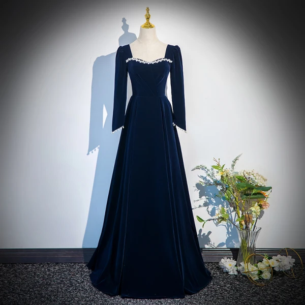 Vintage / Retro Black Winter Pearl Velvet Prom Dresses 2024 A-Line / Princess Square Neckline Long Sleeve Backless Floor-Length / Long