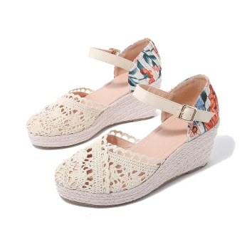 Fashion Summer Beige Street Wear Womens Sandals 2023 Ankle Strap 7 Cm Wedges Round Toe Womens Shoes