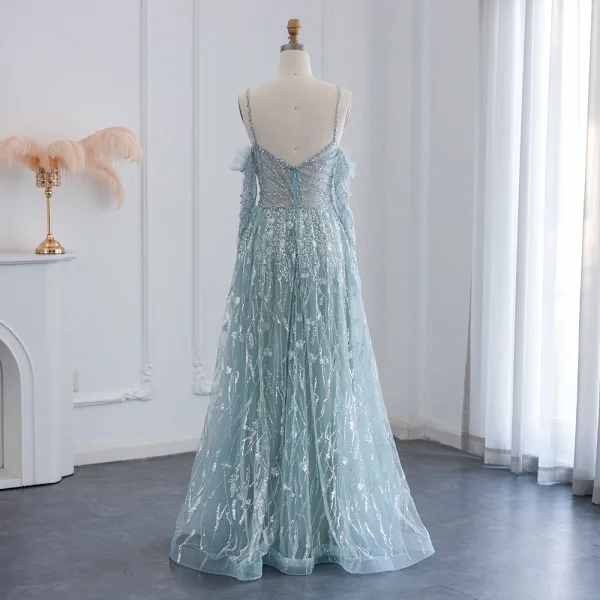 Sexy Mint Green Beading Sequins Prom Dresses 2024 A-Line / Princess Spaghetti Straps 3/4 Sleeve Backless Floor-Length / Long Prom Formal Dresses