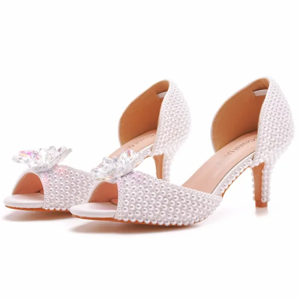 Sexy White Crystal Pearl Wedding Shoes 2023 6 cm Stiletto Heels Open / Peep Toe Wedding Sandals High Heels