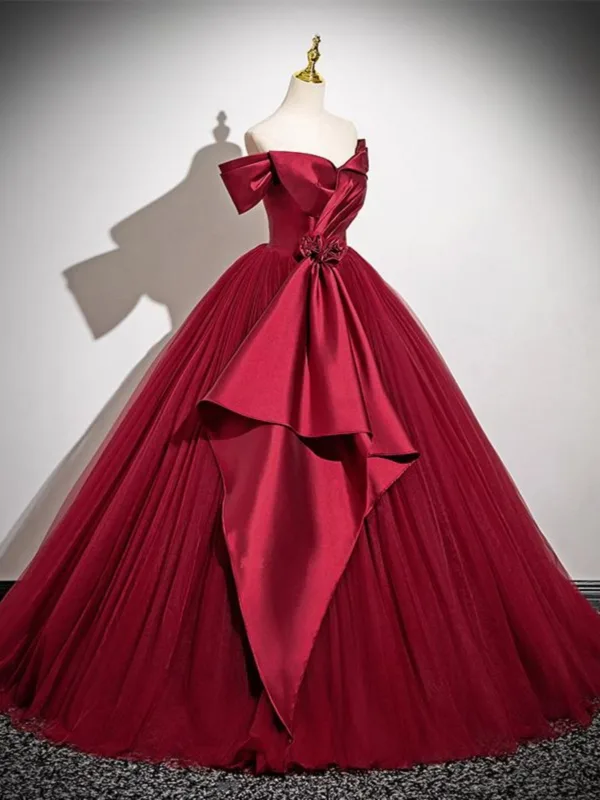 Elegant Burgundy Tulle Prom Dresses 2025 Ball Gown Off-The-Shoulder Short Sleeve Floor-Length / Long Prom Formal Dresses