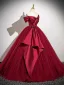 Elegant Burgundy Tulle Prom Dresses 2025 Ball Gown Off-The-Shoulder Short Sleeve Floor-Length / Long Prom Formal Dresses