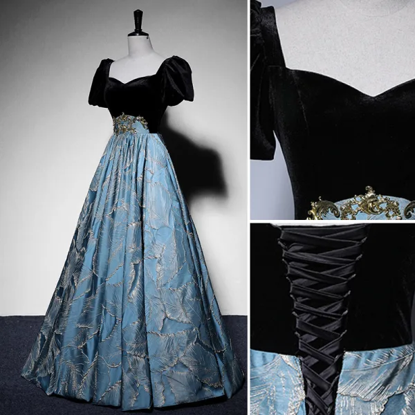 Elegant Black Suede Prom Dresses 2022 Satin A-Line / Princess Square Neckline Puffy Short Sleeve Backless Floor-Length / Long Formal Dresses