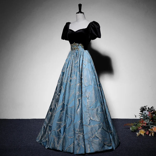 Elegant Black Suede Prom Dresses 2022 Satin A-Line / Princess Square Neckline Puffy Short Sleeve Backless Floor-Length / Long Formal Dresses