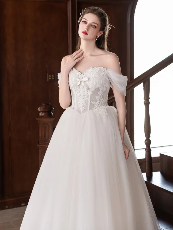 Elegant White Lace Flower Wedding Dresses 2026 A-Line / Princess Off-The-Shoulder Bow Sleeveless Backless Floor-Length / Long