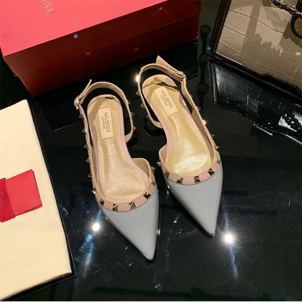 Snygga / Fina Aprikos / Beige Sommar Nit Casual Platt Sandaler Dam 2022 Läder Spetsiga Sandaler