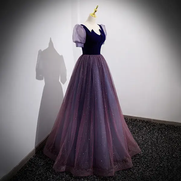 Elegant Purple Sequins Prom Dresses 2022 A-Line / Princess Square Neckline Short Sleeve Backless Floor-Length / Long Prom Formal Dresses