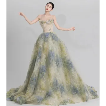 Fashion Flower Fairy Sage Green Appliques Prom Dresses 2024 A Line Princess Strapless Sleeveless Backless Sweep Train Prom Formal Dresses