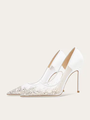 Mooie Prachtige Witte Rhinestone Bruidsschoenen 2025 Leer 10 Cm Naaldhakken Stiletto Spitse Neus Huwelijk Pumps Hoge Hakken