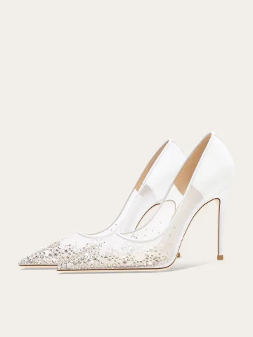 Mooie Prachtige Witte Rhinestone Bruidsschoenen 2025 Leer 10 Cm Naaldhakken Stiletto Spitse Neus Huwelijk Pumps Hoge Hakken