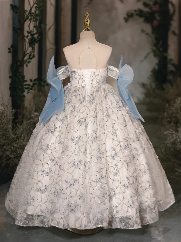 Chic / Beautiful Sky Blue Beading Birthday Flower Girl Dresses 2024 Ball Gown Strapless Sleeveless Bow Backless Floor-Length / Long