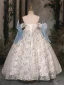 Chic / Beautiful Sky Blue Beading Birthday Flower Girl Dresses 2024 Ball Gown Strapless Sleeveless Bow Backless Floor-Length / Long