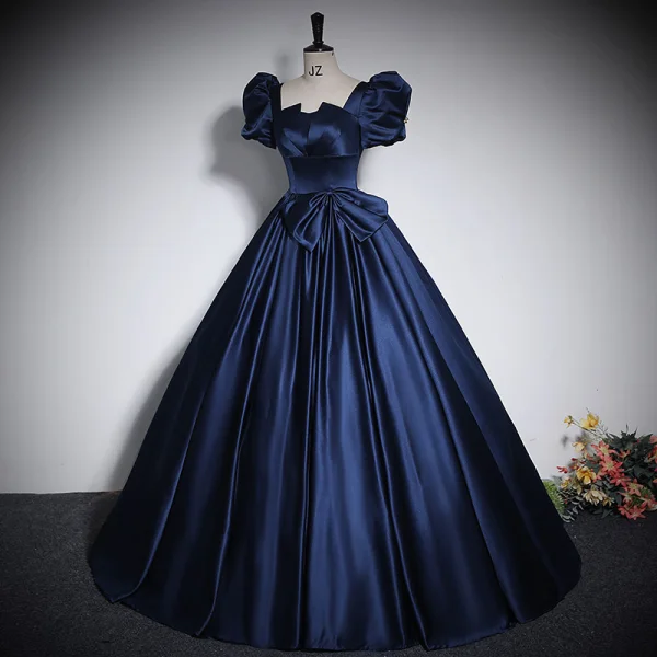 Vintage / Retro Navy Blue Satin Prom Dresses 2023 Ball Gown Square Neckline Short Sleeve Backless Bow Floor-Length / Long Prom Formal Dresses