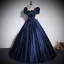 Vintage / Retro Navy Blue Satin Prom Dresses 2023 Ball Gown Square Neckline Short Sleeve Backless Bow Floor-Length / Long Prom Formal Dresses