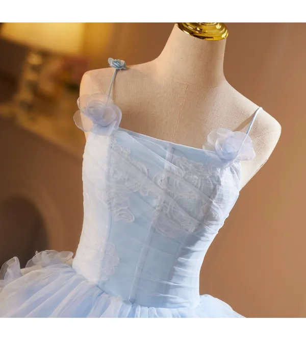 Chic / Beautiful Sky Blue Cascading Ruffles Appliques Prom Dresses 2025 Ball Gown Spaghetti Straps Sleeveless Backless Floor-Length / Long Prom Formal Dresses